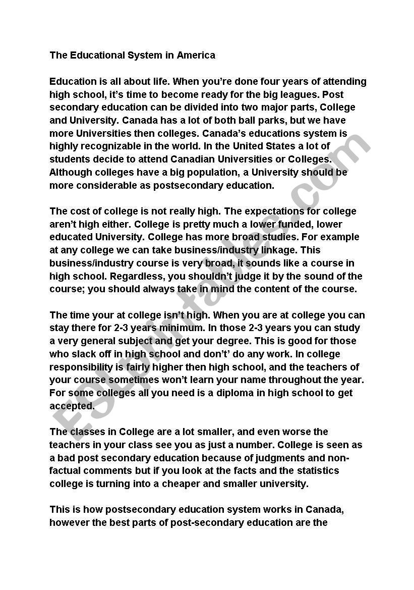 Education in America worksheet