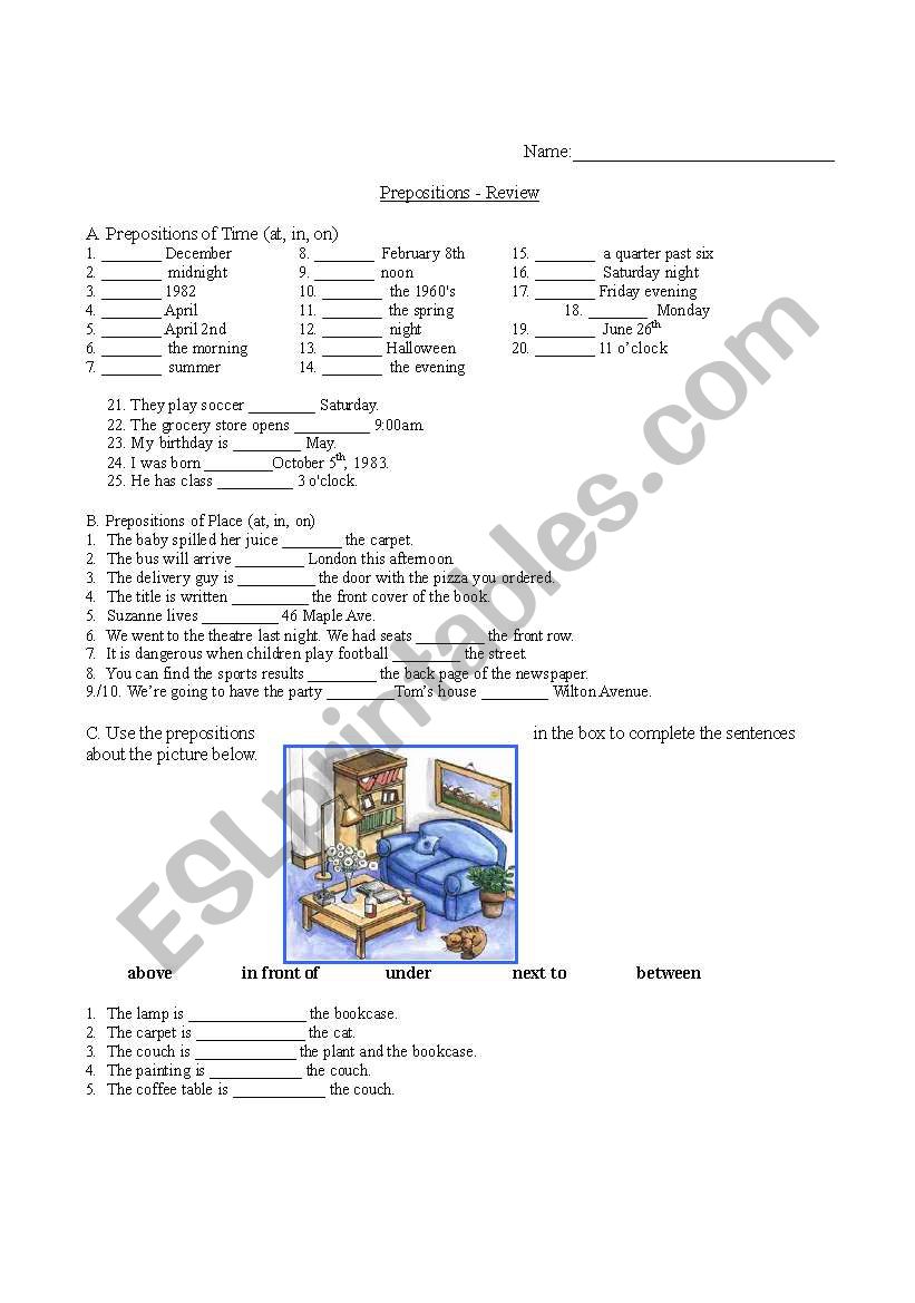 Prepositions Review worksheet