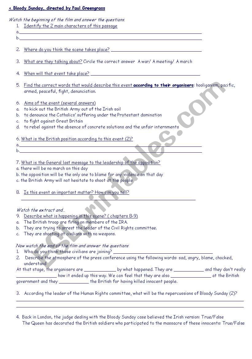 Bloody Sunday worksheet