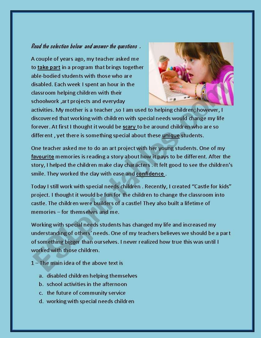 Reading comprehension worksheet