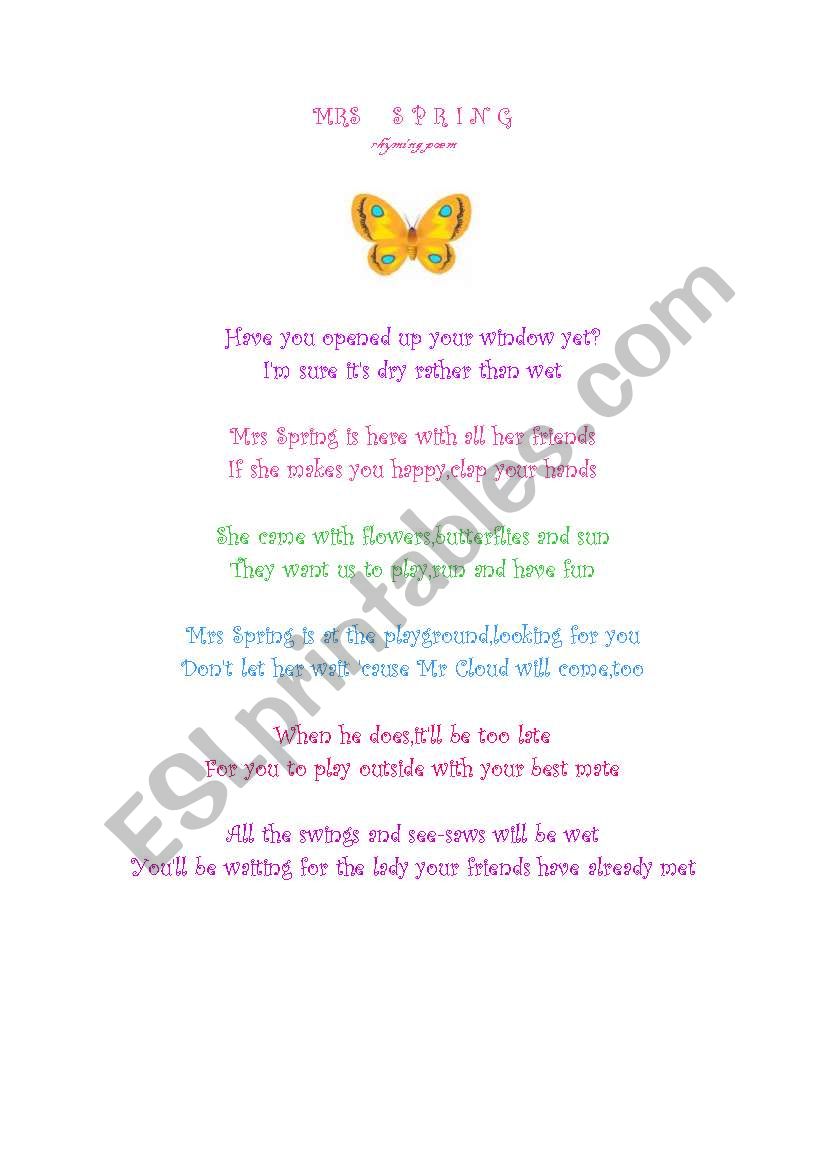Mrs Spring rhyming poem worksheet