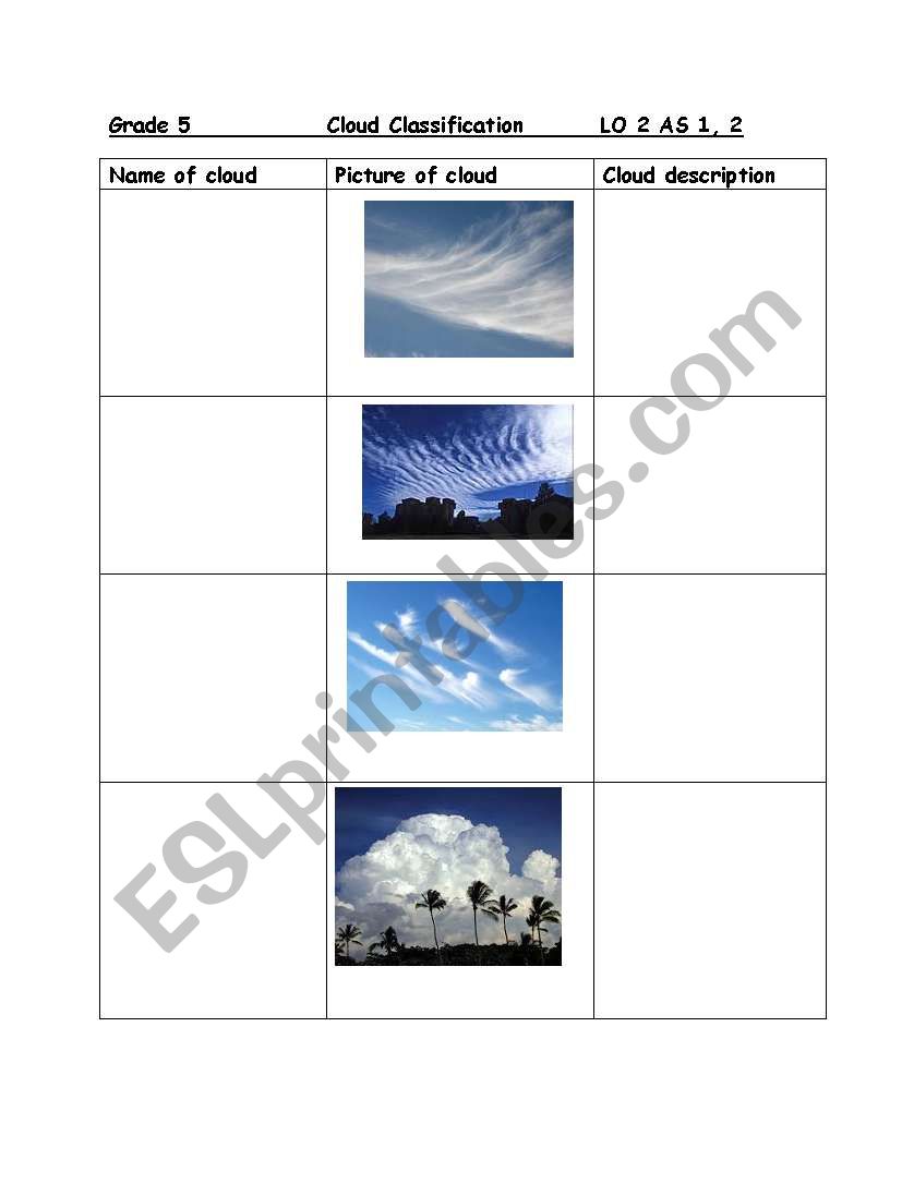 Clouds worksheet