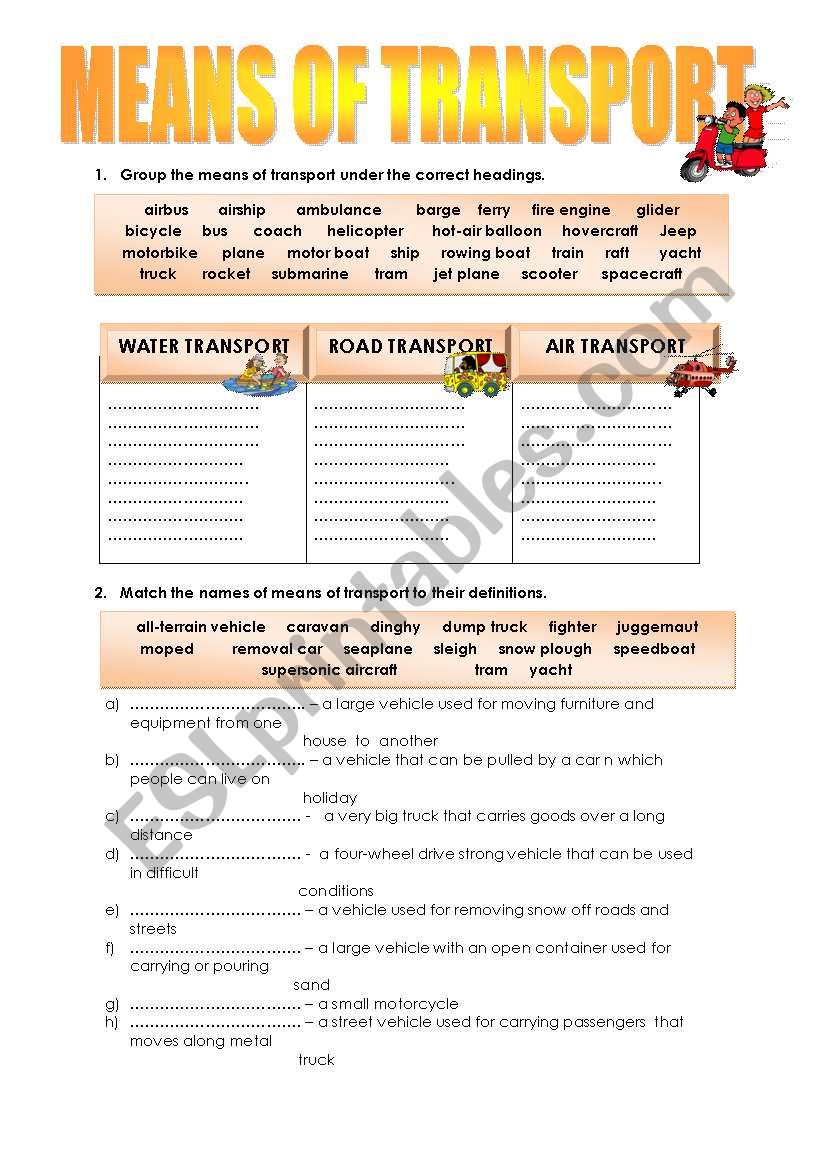 means of transport worksheet