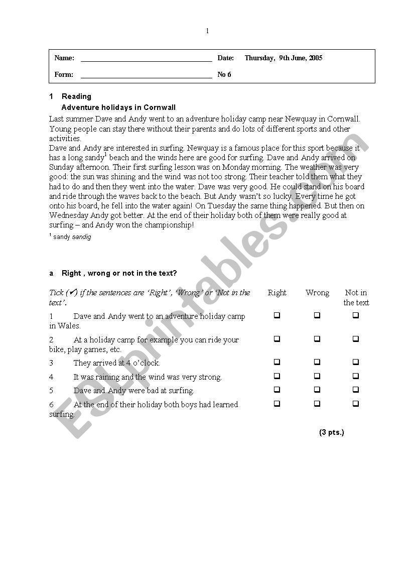 Class test reading comprehension