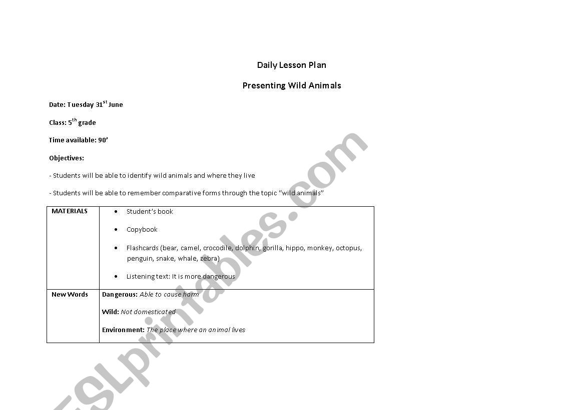Lesson plan_wild animals worksheet