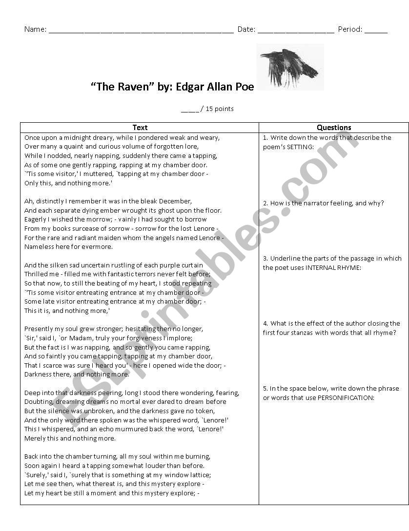 The Raven: Text & Questions worksheet