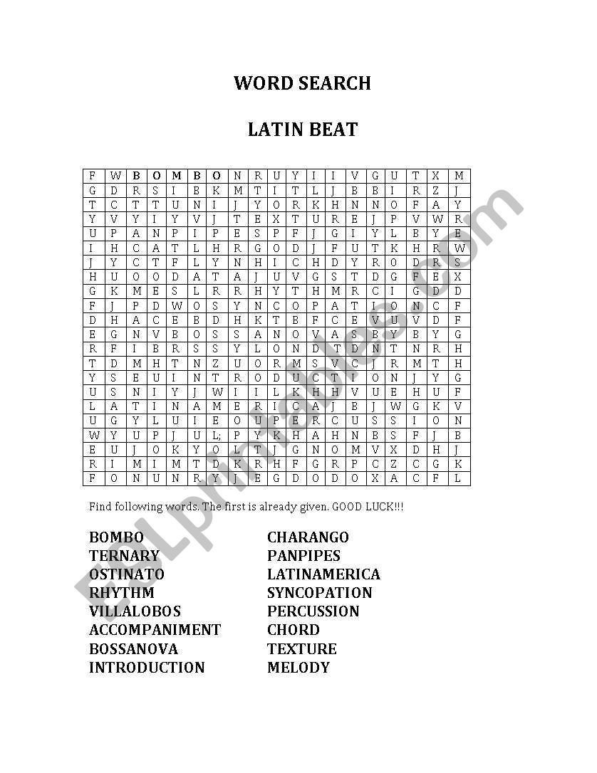 Word Search - Latin Beat worksheet