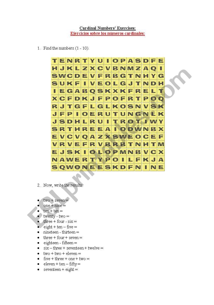 Cardinal Numbers Exercises worksheet