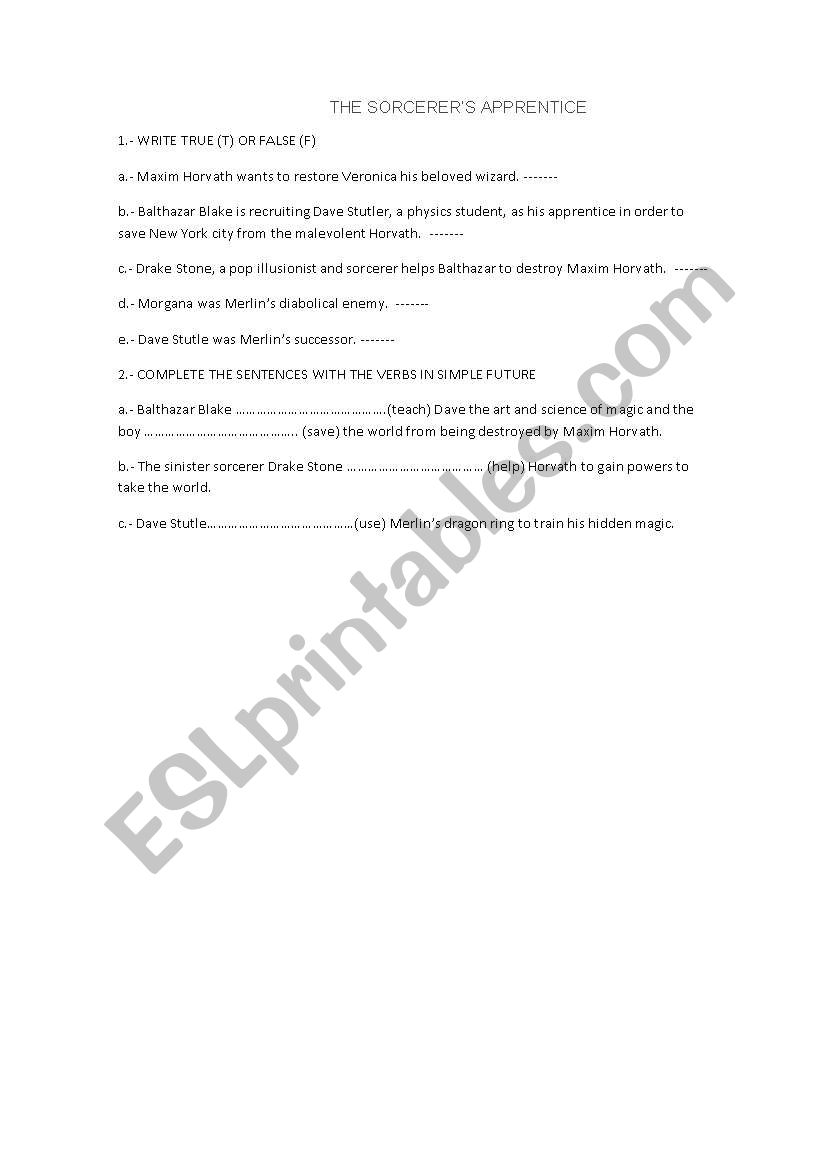 English worksheets The Sorcerer´s Apprentice worksheet