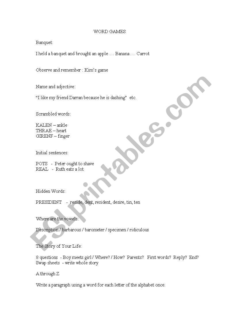 word games worksheet