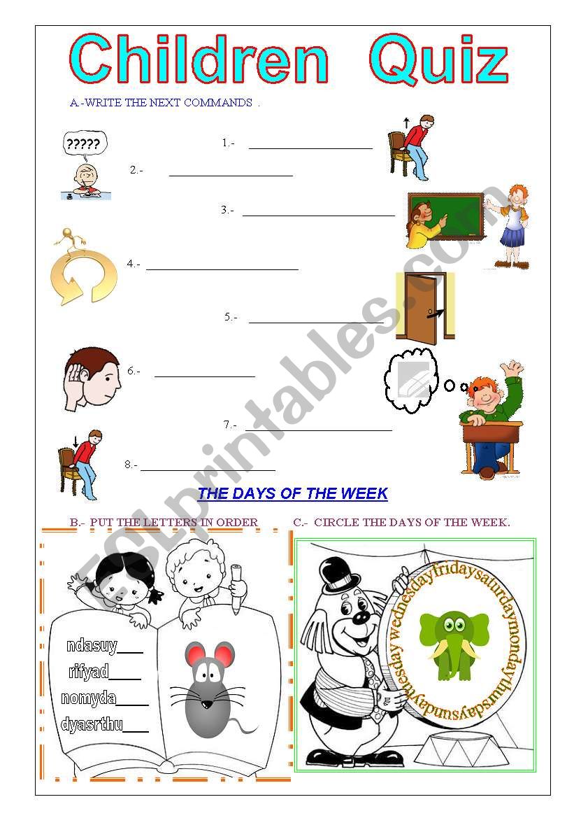 children quiz on commands and days of the week