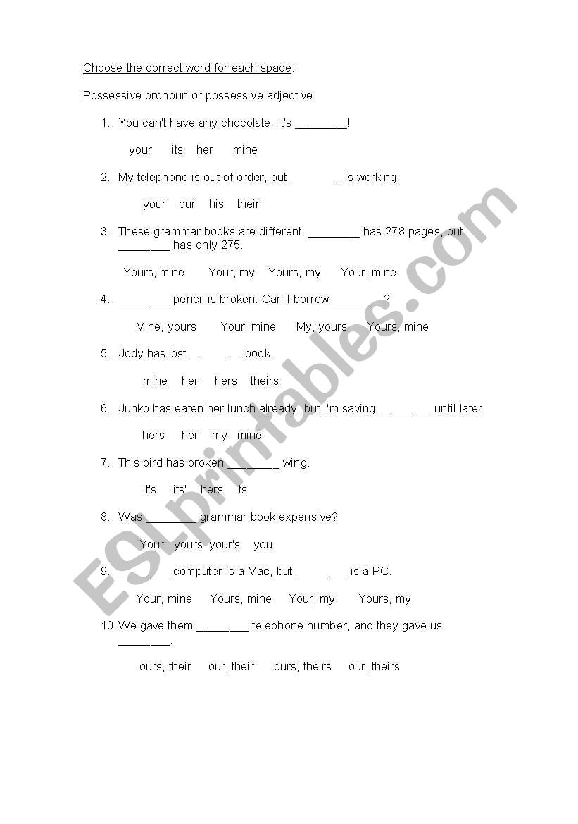 posseddive adjectives and possessive pronouns