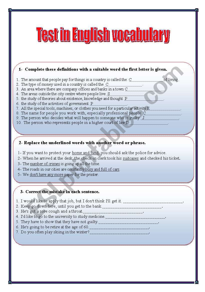 test in vocabulary - ESL worksheet by billalaziz