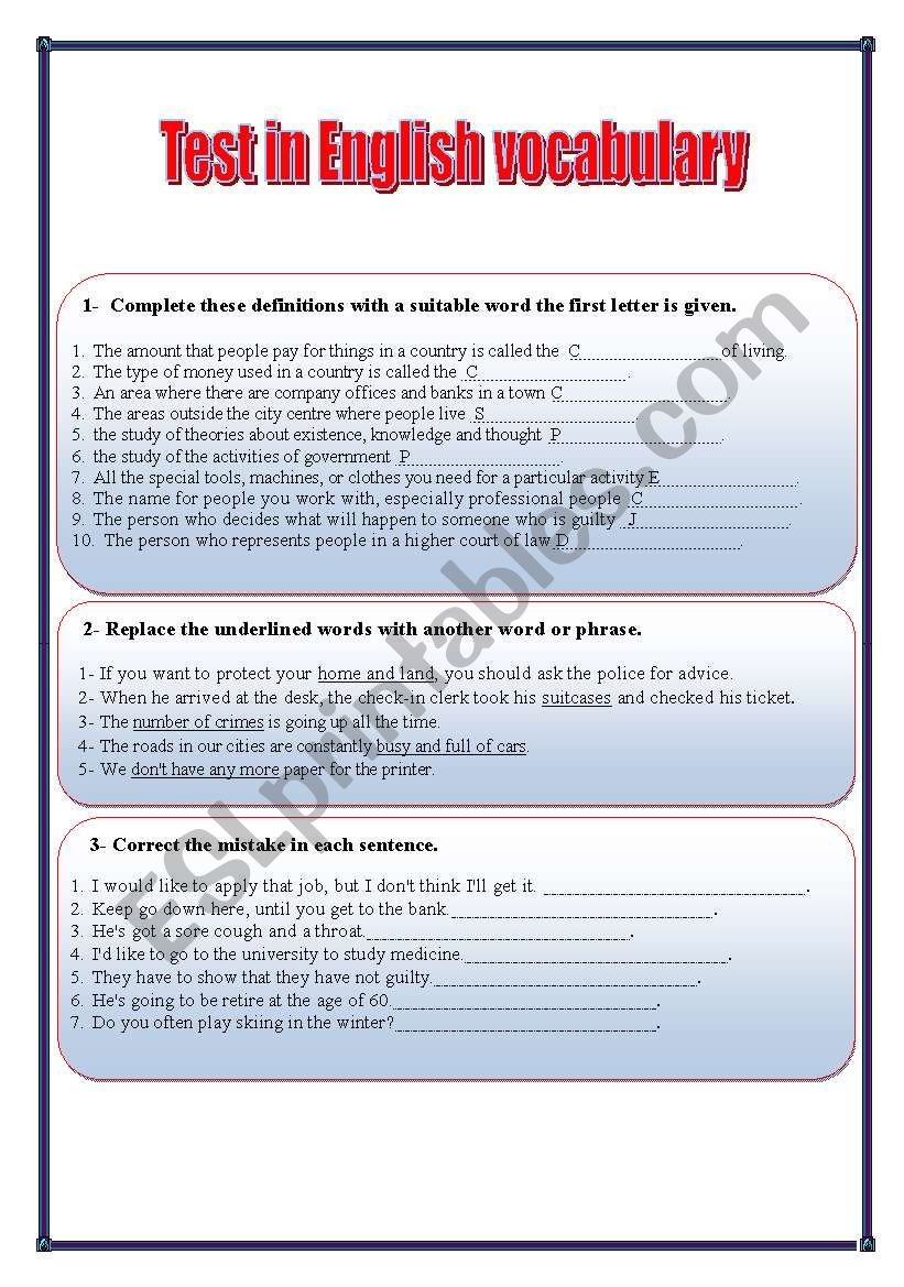 test in vocabulary worksheet