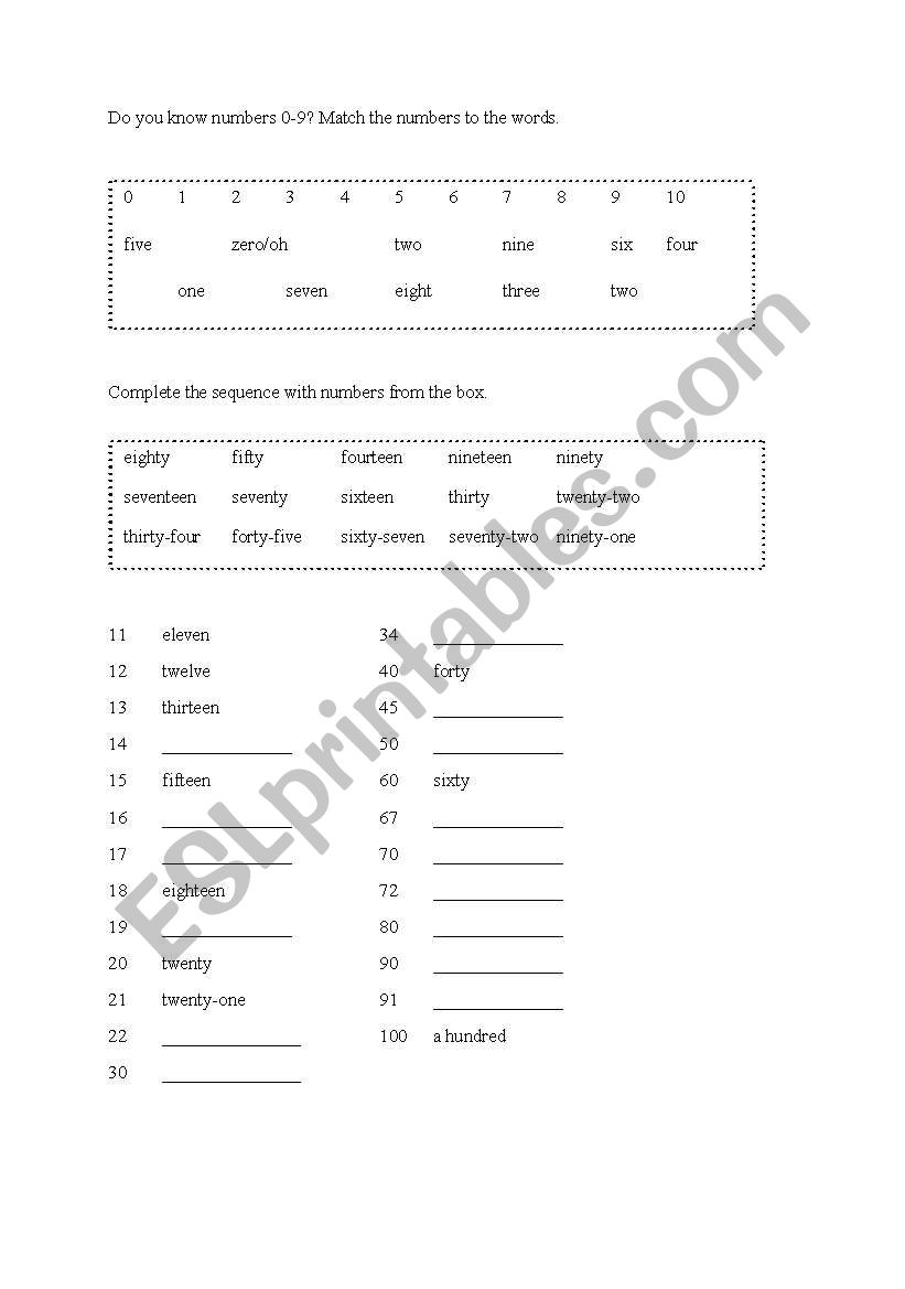 numbers worksheet