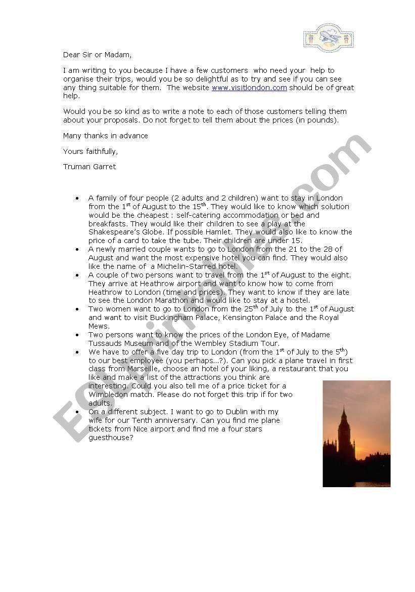 Plan a holiday in London worksheet