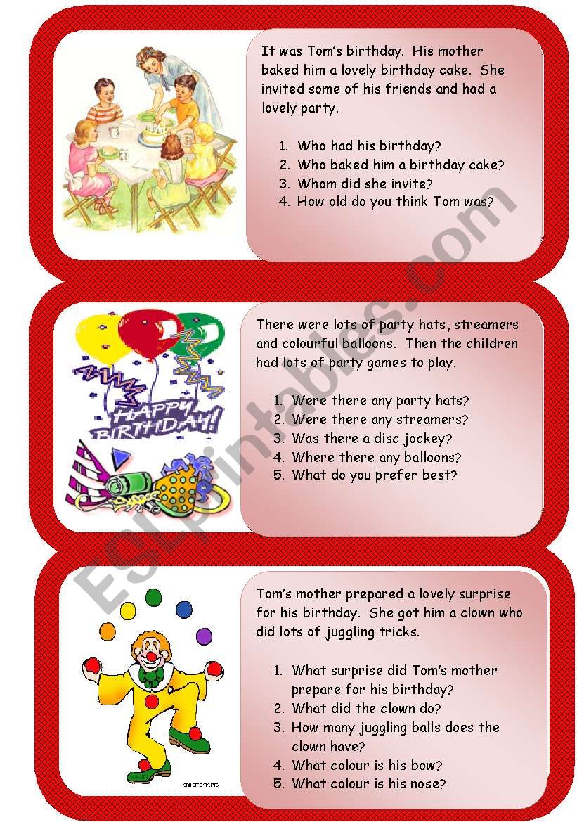 Toms birthday party worksheet