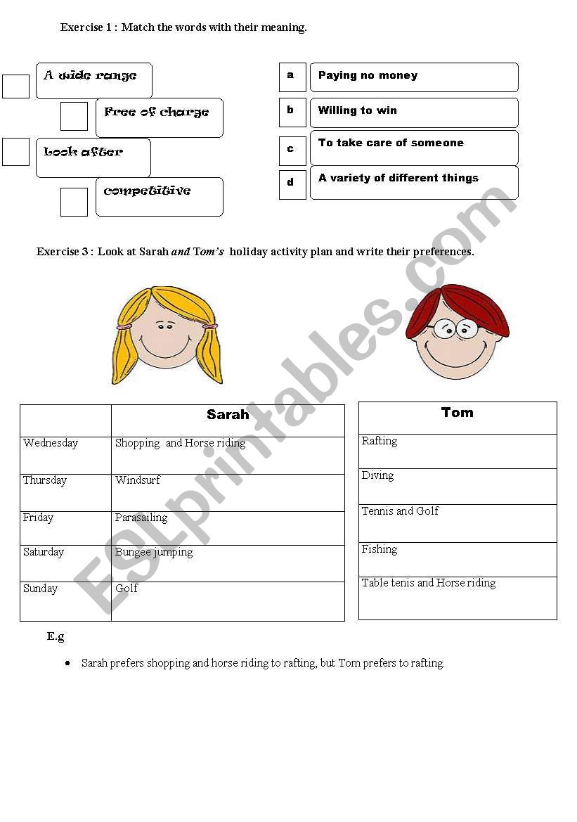 holiday activities vocabulary exercise and  preferences