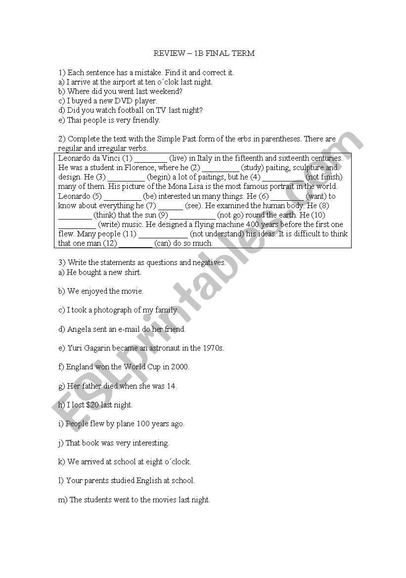 Simple Past information worksheet