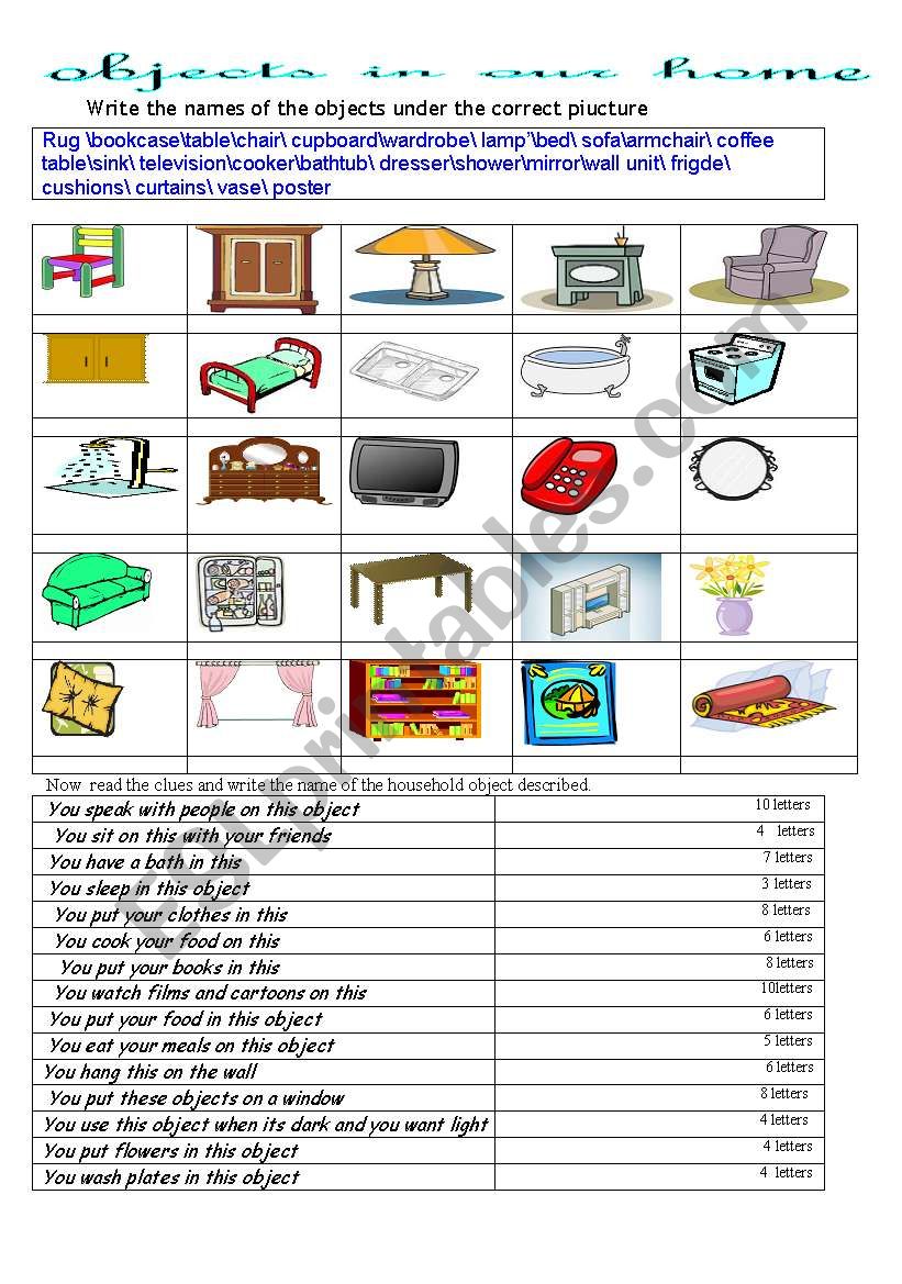 objects in the house  worksheet