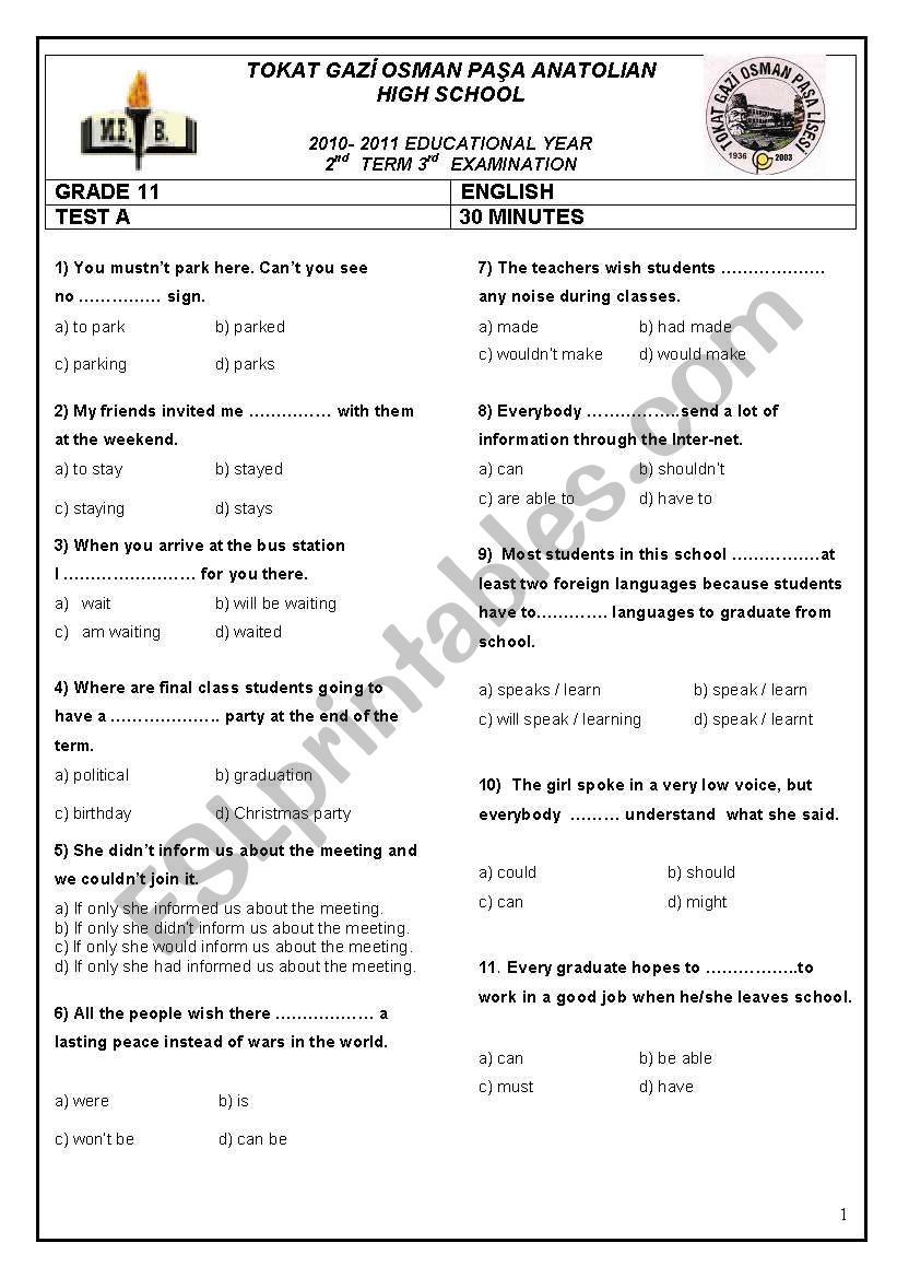 AN INTERMEDIATE LEVEL TEST worksheet