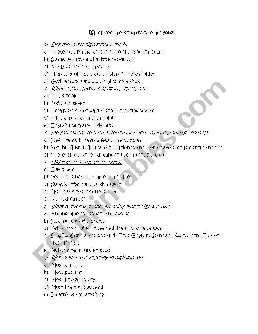 Teenager Test  worksheet