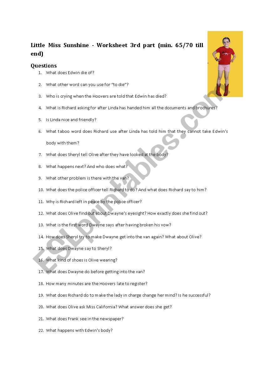 Little Miss Sunshine Worksheet 3rd part   answer key (min 65/70 till