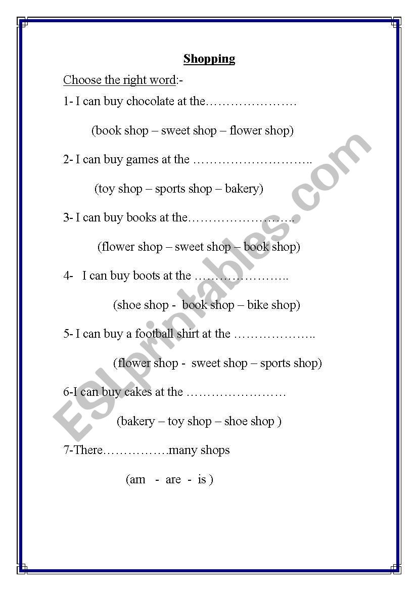 shopping worksheet
