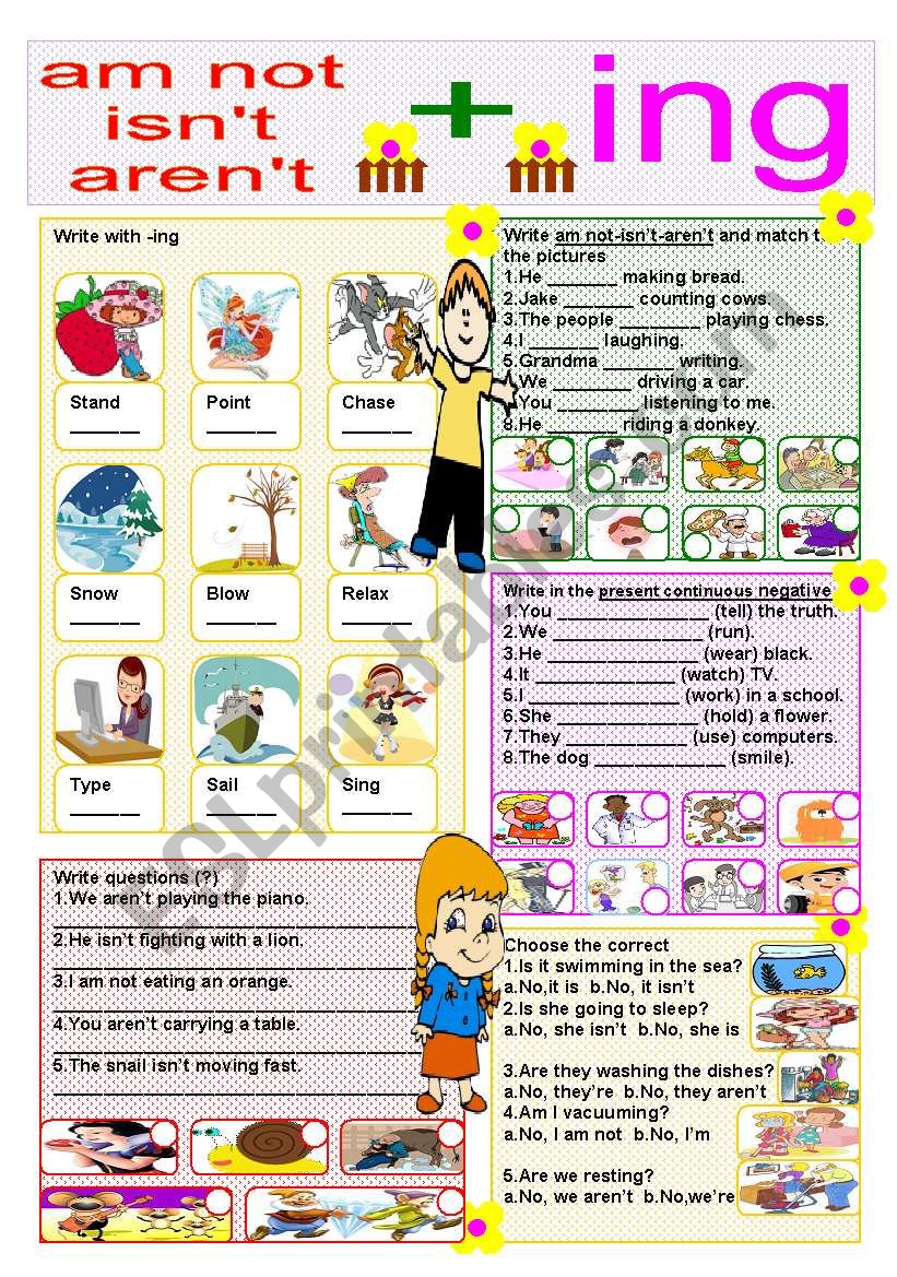 am not-isnt-arent + ing worksheet