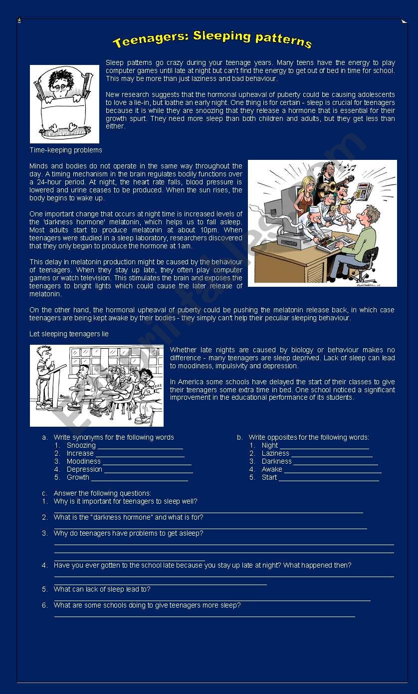 Teenagers: Sleeping patterns worksheet