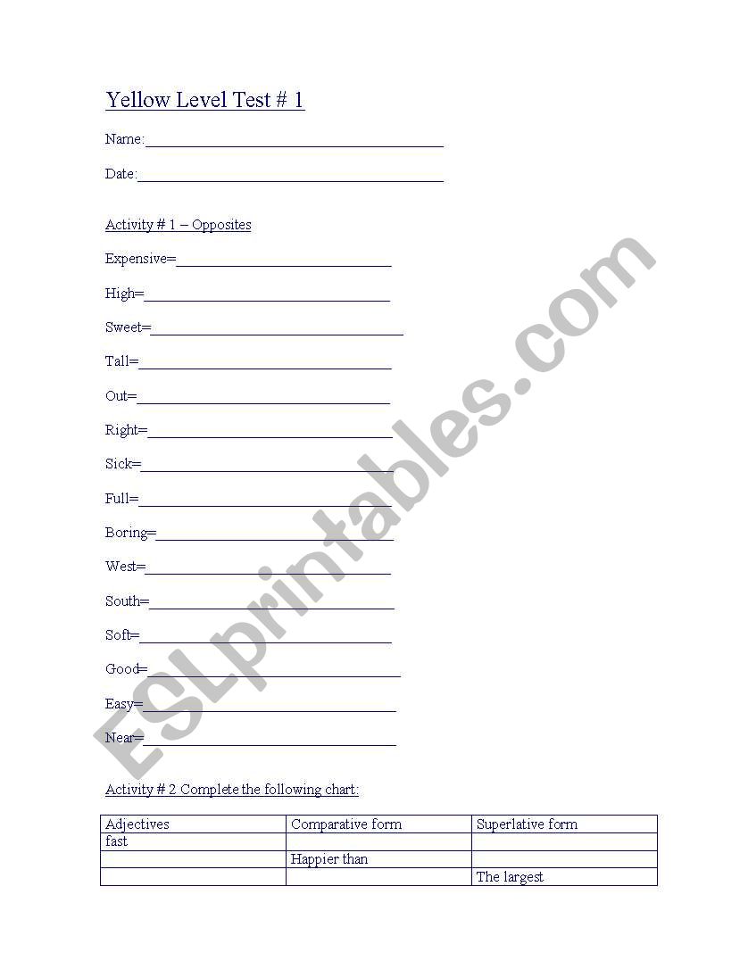 Activity # 1  Opposites Activity # 2 Complete the following chart: