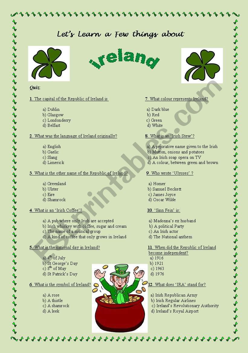 A few facts about Ireland: 12 questions with 4 propositions each + word search for 25 Irish cities