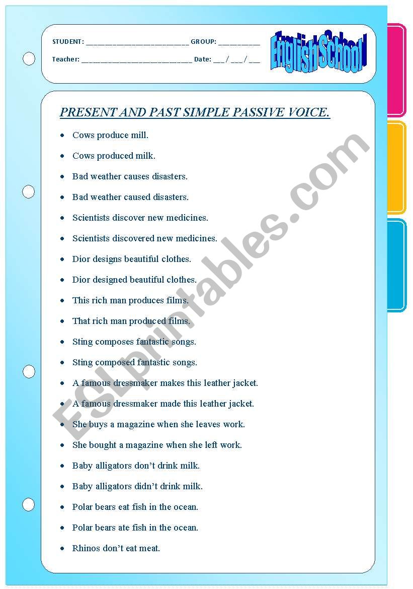passive voice present and past. three pages.