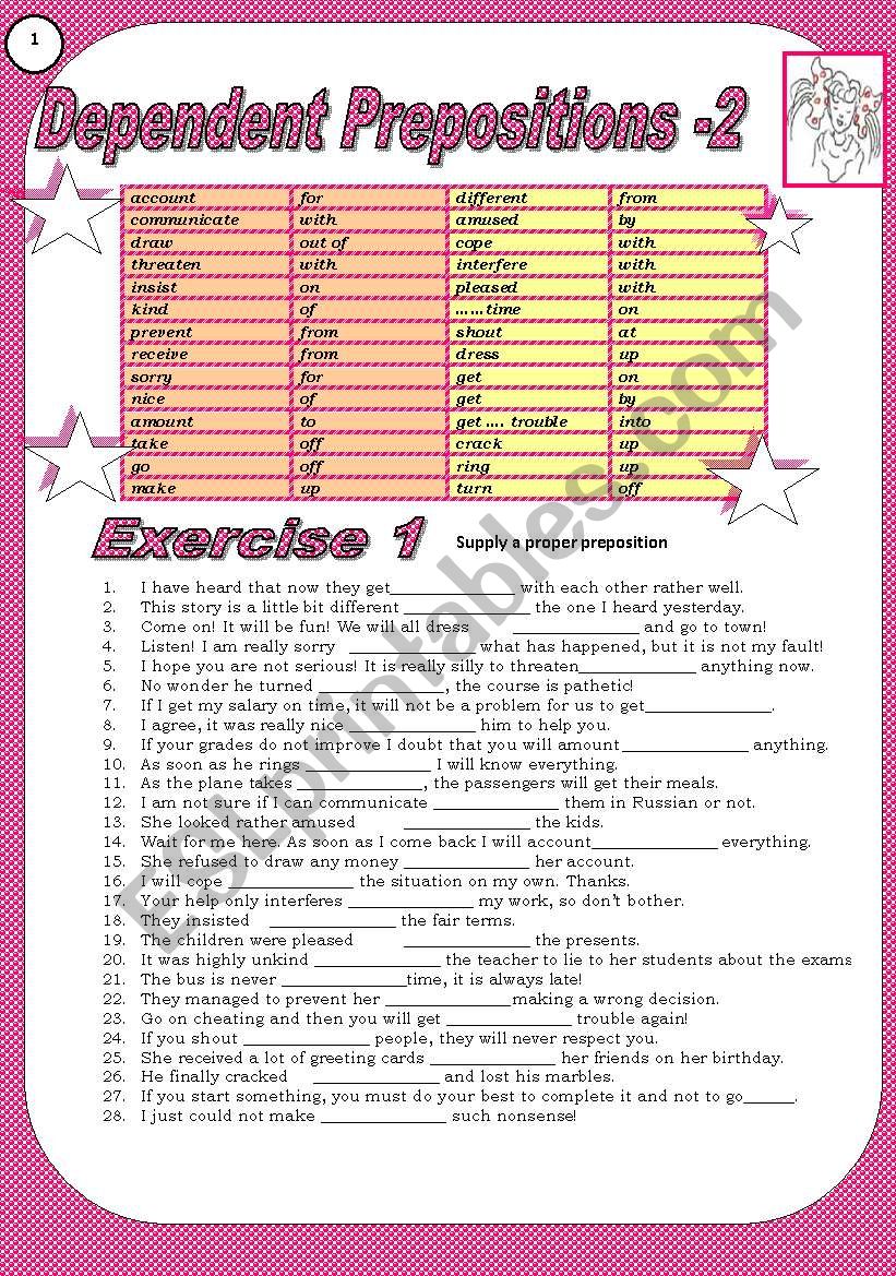 4 pages, 6 exercises to teach, revise DEPENDENT PREPOSITIONS