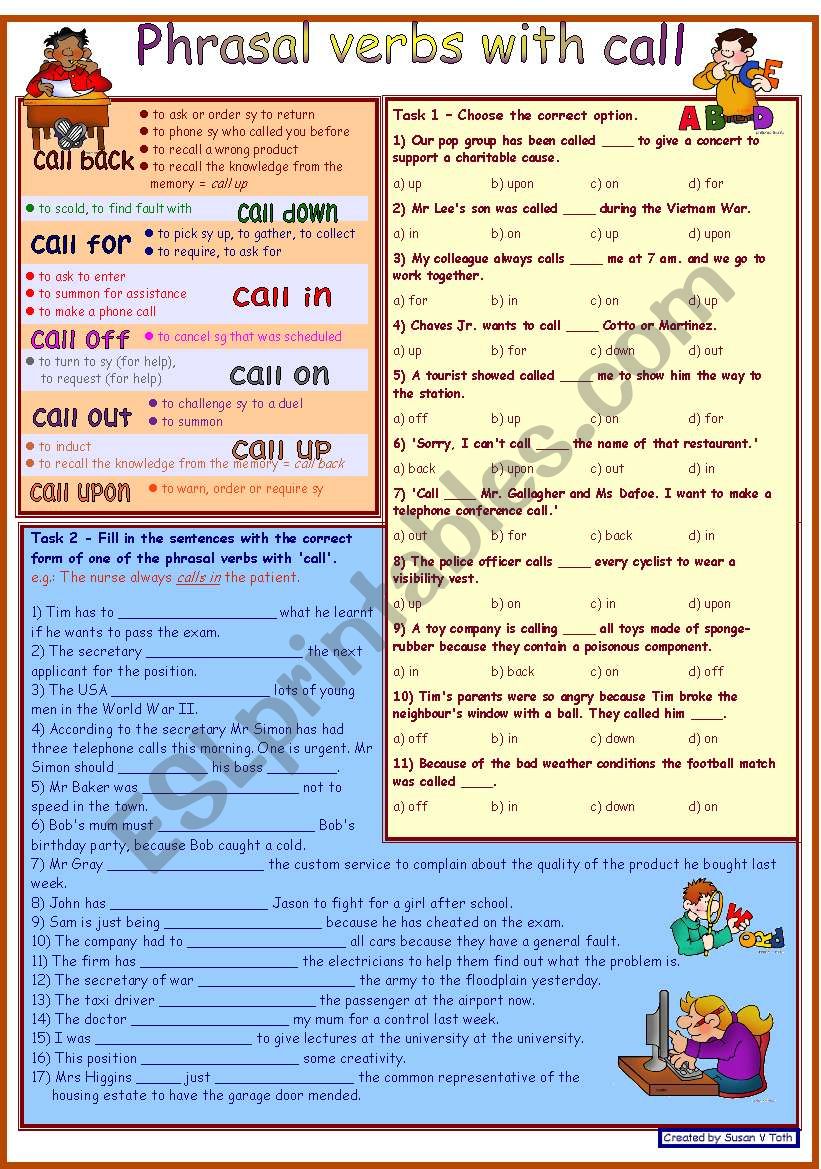 Phrasal verbs with CALL *** with dictionary *** 2 tasks *** with key *** fully editable *** B&W version