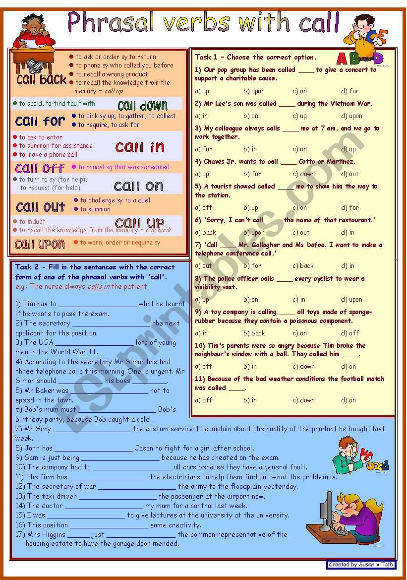 Phrasal verbs with CALL *** with dictionary *** 2 tasks *** with key *** fully editable *** B&W version
