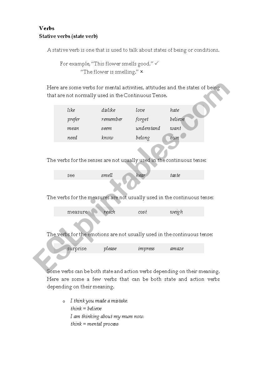 Static verbs worksheet
