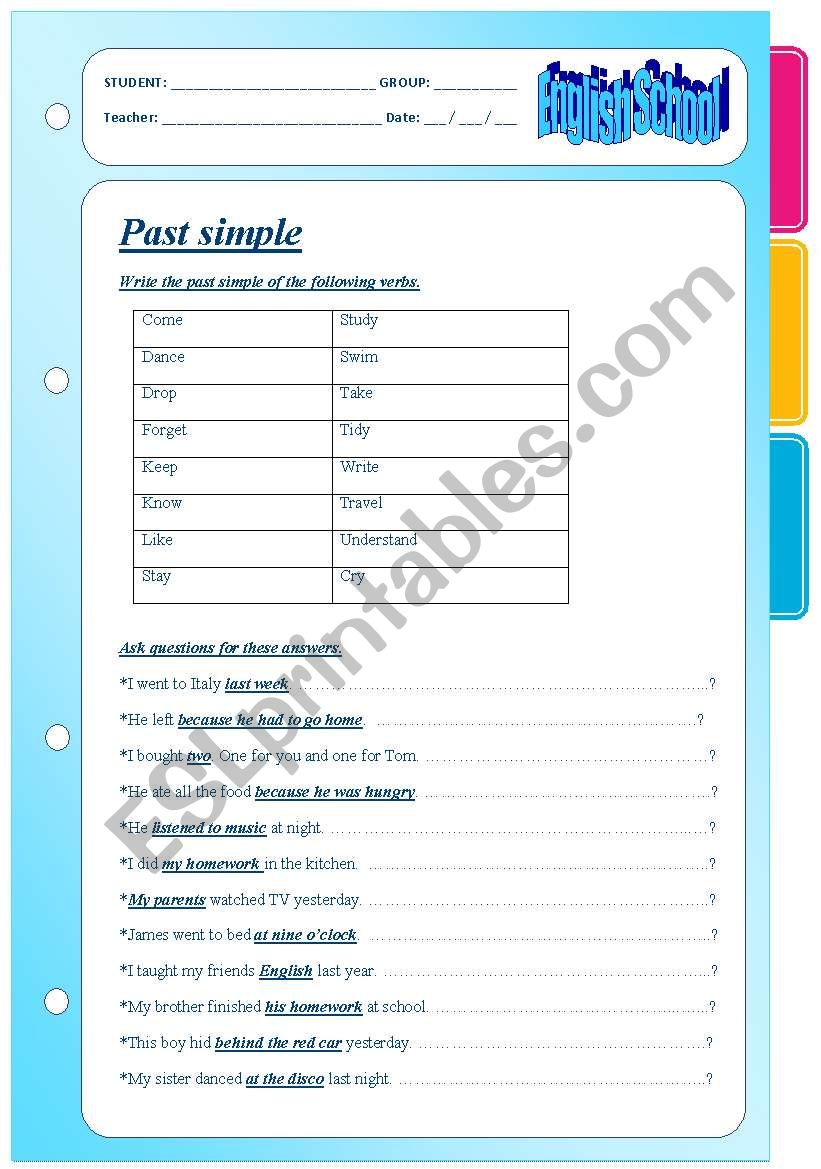 Past simple tense. 3 pages. Regular and irregular verbs.