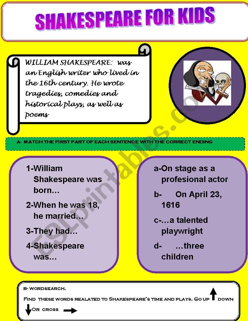 shakespeare for kids 3 pages worksheet