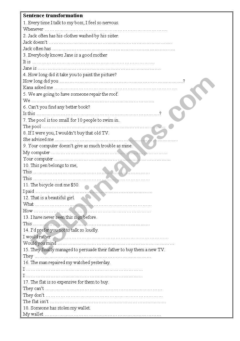 Sentence writing worksheet