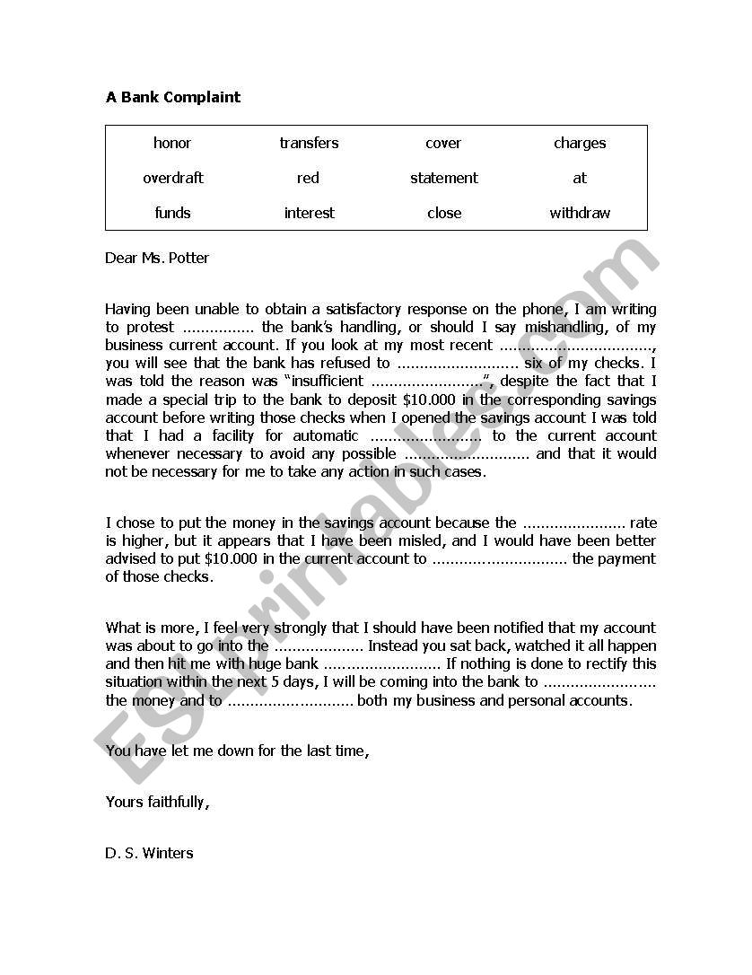 a bank complaint worksheet