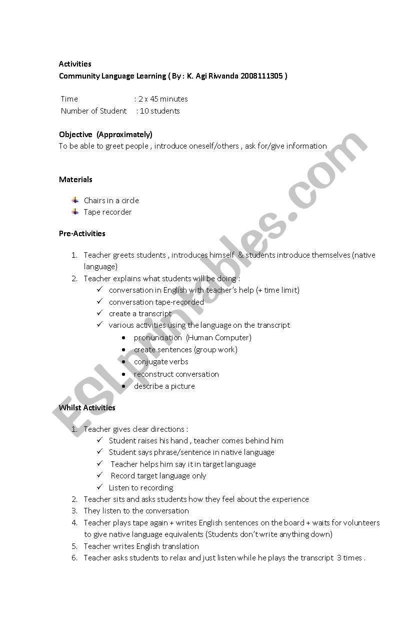 Lesson Plan CLL  Activities worksheet