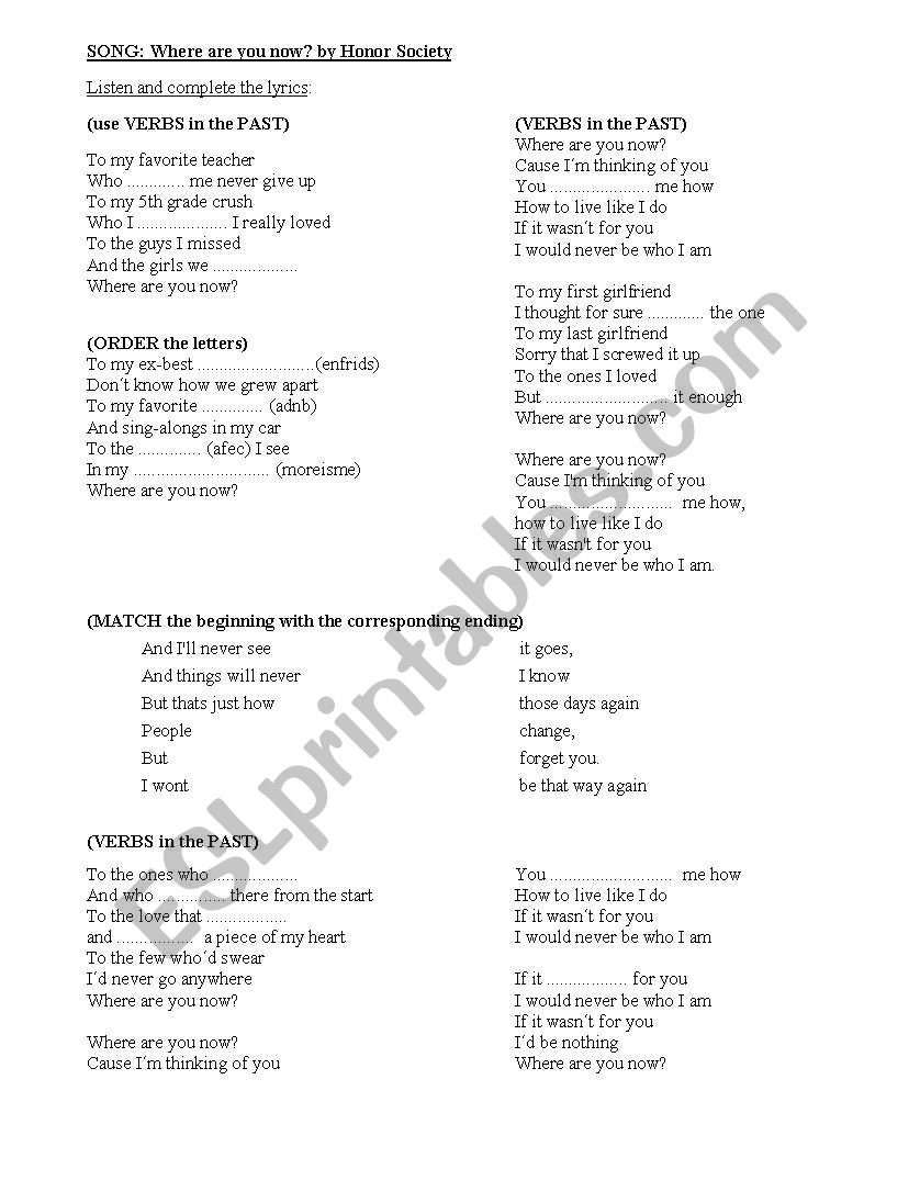 song: Where are you now ? worksheet