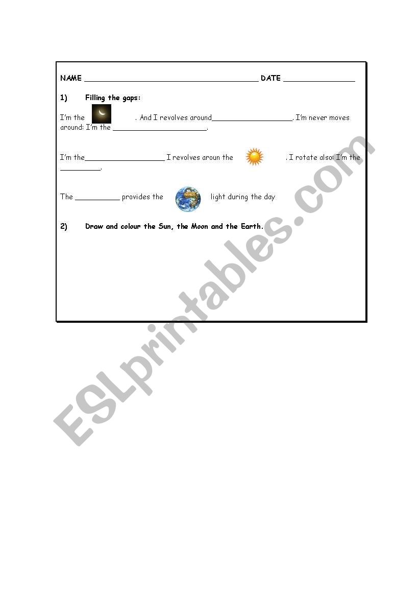 The Sun, the moon, the earth worksheet