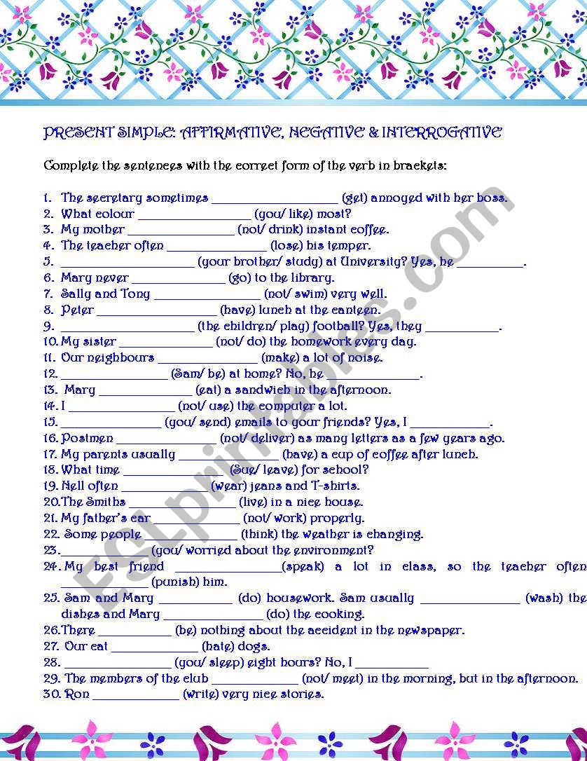 PRESENT SIMPLE: AFFIRMATIVE, NEGATIVE & INTERROGATIVE