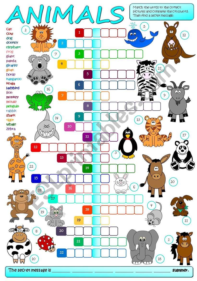 Animals - crossword (B&W + KEY included)