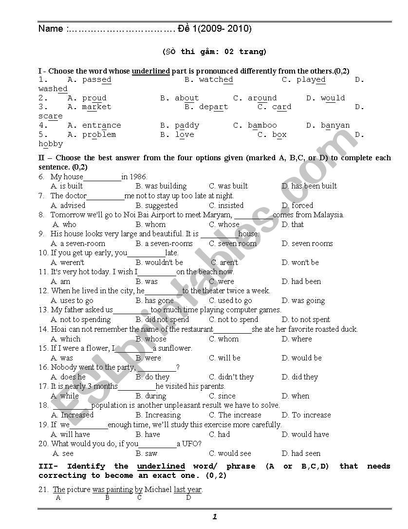 test grade 10 worksheet