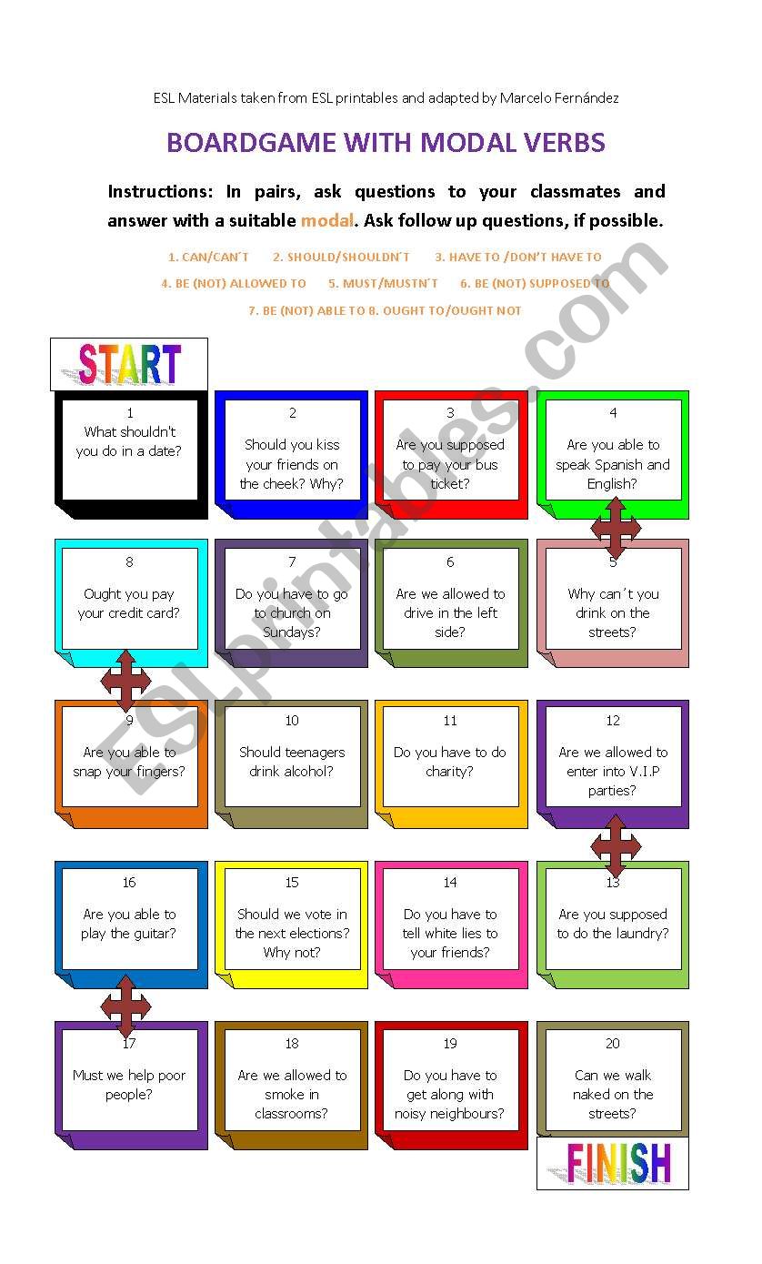 modals boardgame worksheet