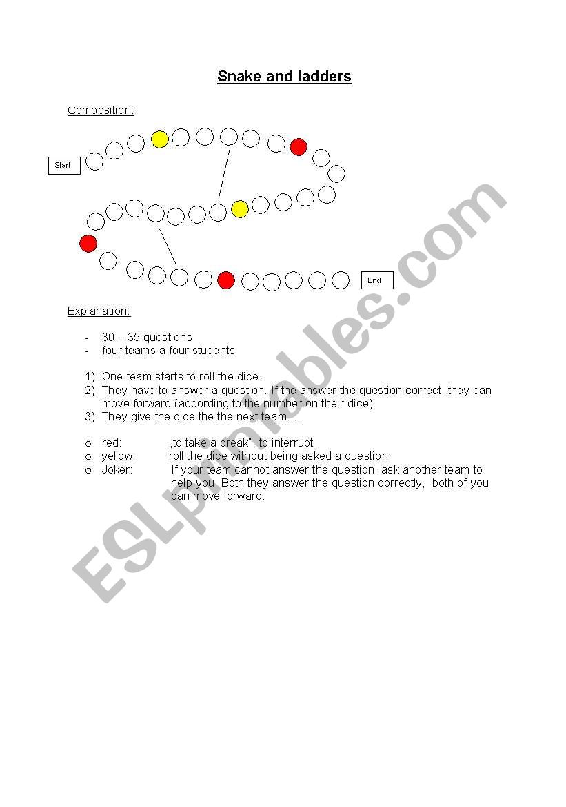 Snake and ladders worksheet