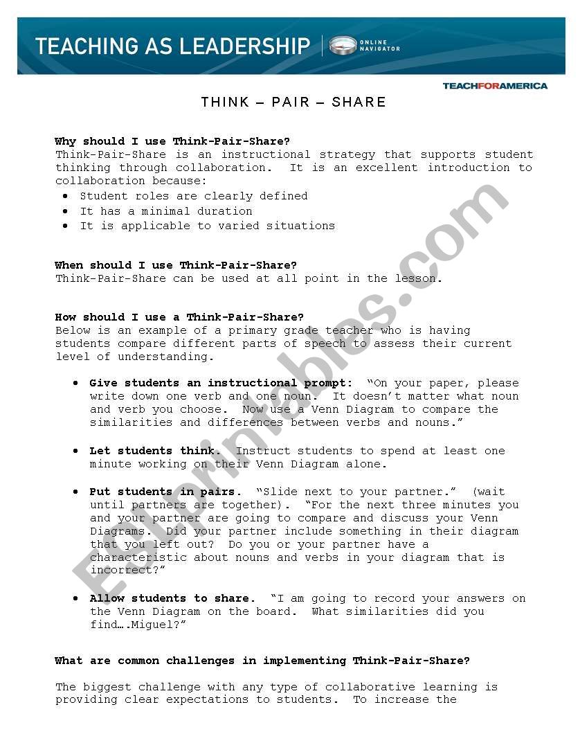 think pair share activity worksheet